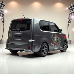 A 2005 Toyota Probox painted in a sophisticated gray color, featuring a rally-inspired design