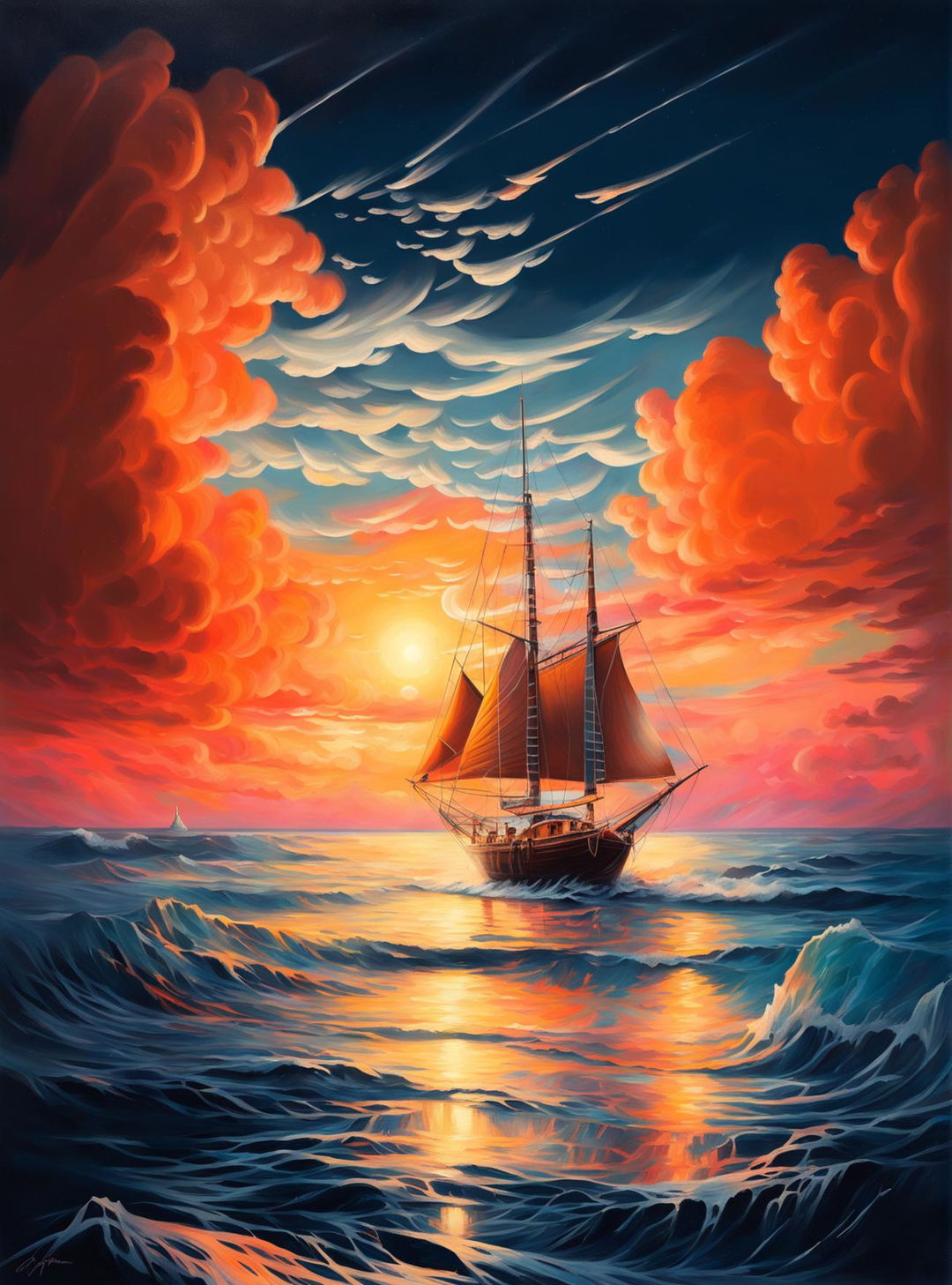 This is an impressionistic, fine art painting showing a sailboat on an ocean, with liquid light trickling from the clouds into the sea and a sunset illuminating the horizon