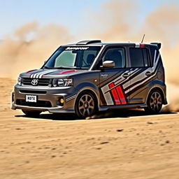 A 2005 Toyota Probox painted in a sophisticated gray color, featuring striking rally-style racing stripes and graphic elements