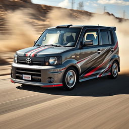 A 2005 Toyota Probox painted in a sophisticated gray color, featuring striking rally-style racing stripes and graphic elements