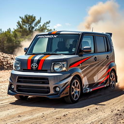 A 2005 Toyota Probox painted in a sophisticated gray color, featuring striking rally-style racing stripes and graphic elements