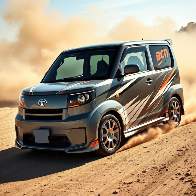 A 2005 Toyota Probox painted in a sophisticated gray color, featuring striking rally-style racing stripes and graphic elements