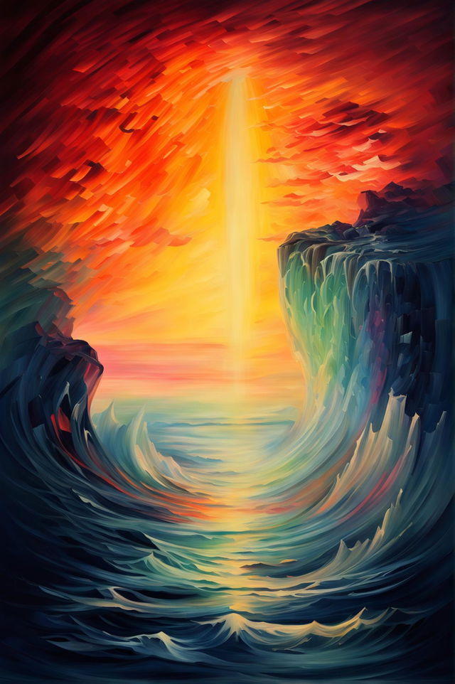 An impressionistic painting depicts a waterfall of light cascading from the heavens into a vast sea