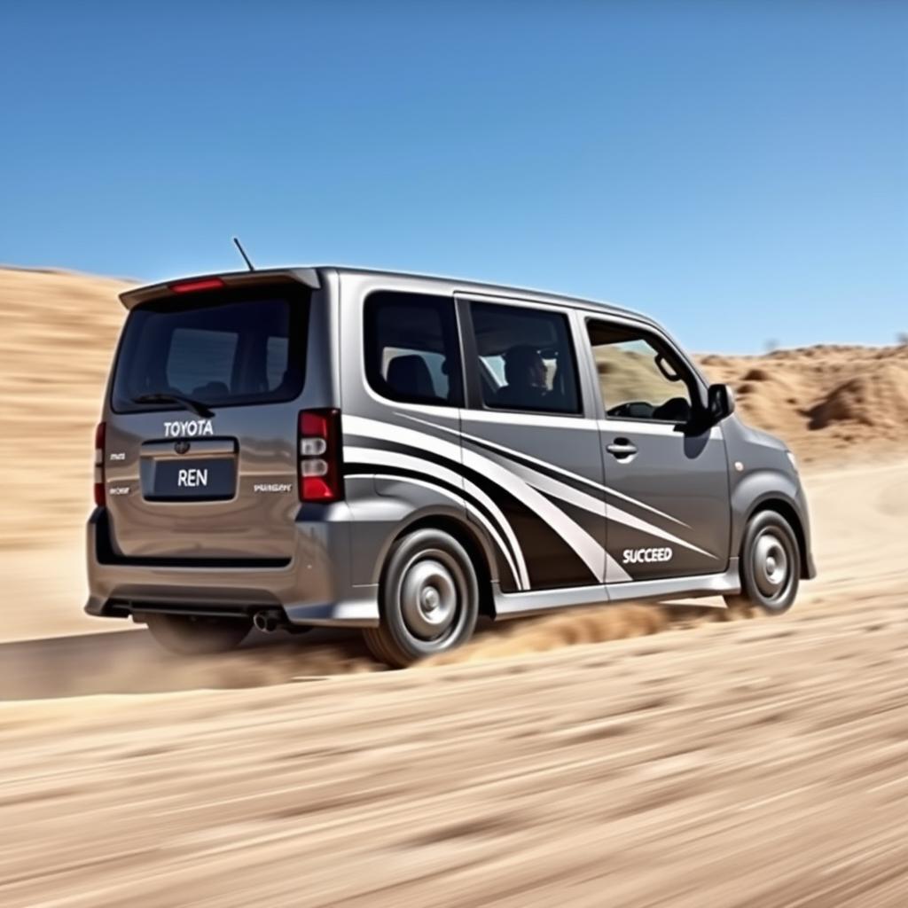 A 2005 Toyota Probox Succeed in an elegant gray color, featuring distinctive rally-style racing stripes that add a sporty flair