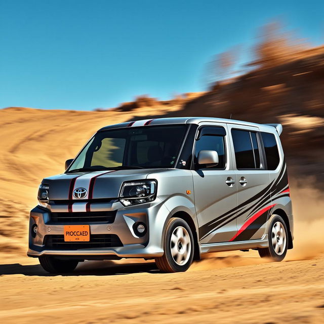 A 2005 Toyota Probox Succeed in an elegant gray color, featuring distinctive rally-style racing stripes that add a sporty flair