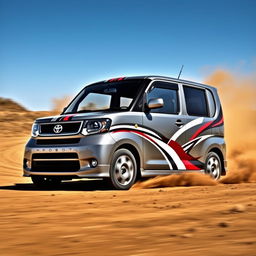 A 2005 Toyota Probox Succeed in an elegant gray color, featuring distinctive rally-style racing stripes that add a sporty flair