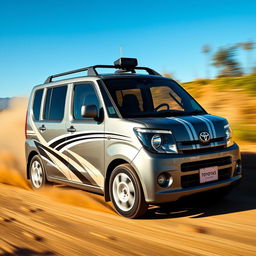 A 2005 Toyota Probox Succeed in an elegant gray color, featuring distinctive rally-style racing stripes that add a sporty flair