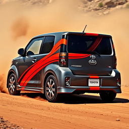 A 2005 Toyota Probox Succeed in a sleek gray color, adorned with vibrant red-orange rally-style racing stripes that create a striking contrast