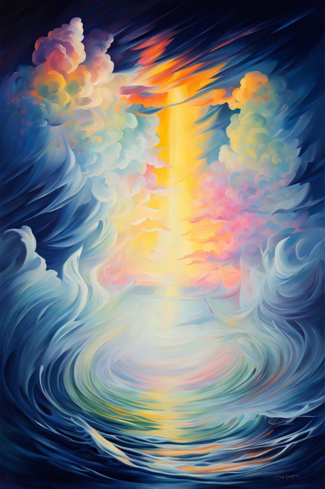 An immensely detailed impressionistic painting of a waterfall of light cascading from the clouds into the sea