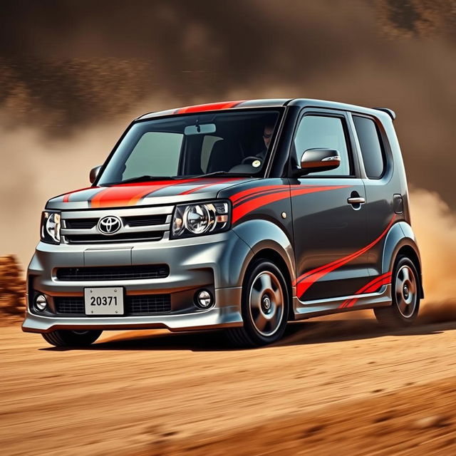 A 2005 Toyota Probox Succeed in a sleek gray color, adorned with vibrant red-orange rally-style racing stripes that create a striking contrast