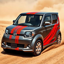 A 2005 Toyota Probox Succeed in a sleek gray color, adorned with vibrant red-orange rally-style racing stripes that create a striking contrast