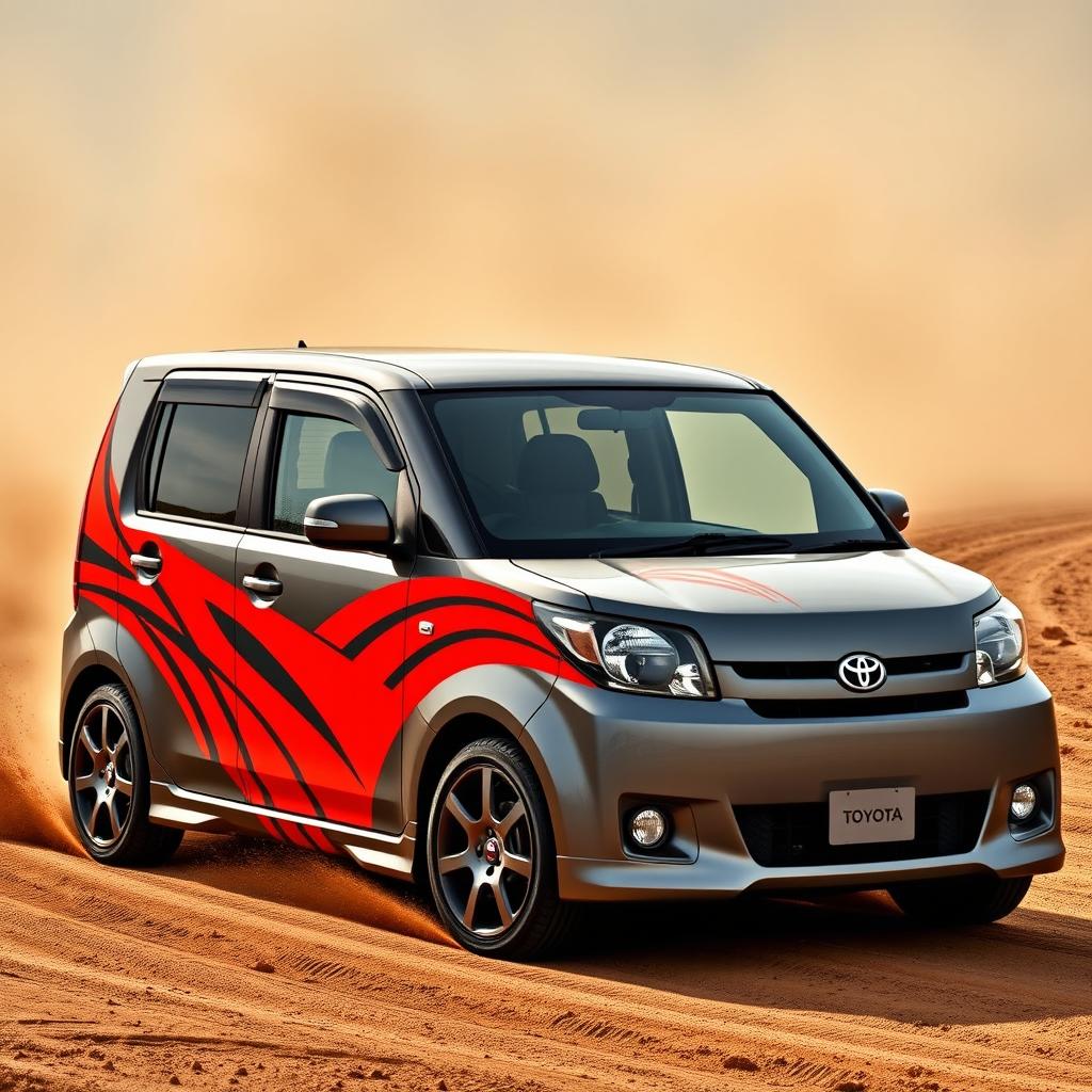 A 2005 Toyota Probox Succeed in a sleek gray color, adorned with vibrant red-orange rally-style racing stripes that create a striking contrast