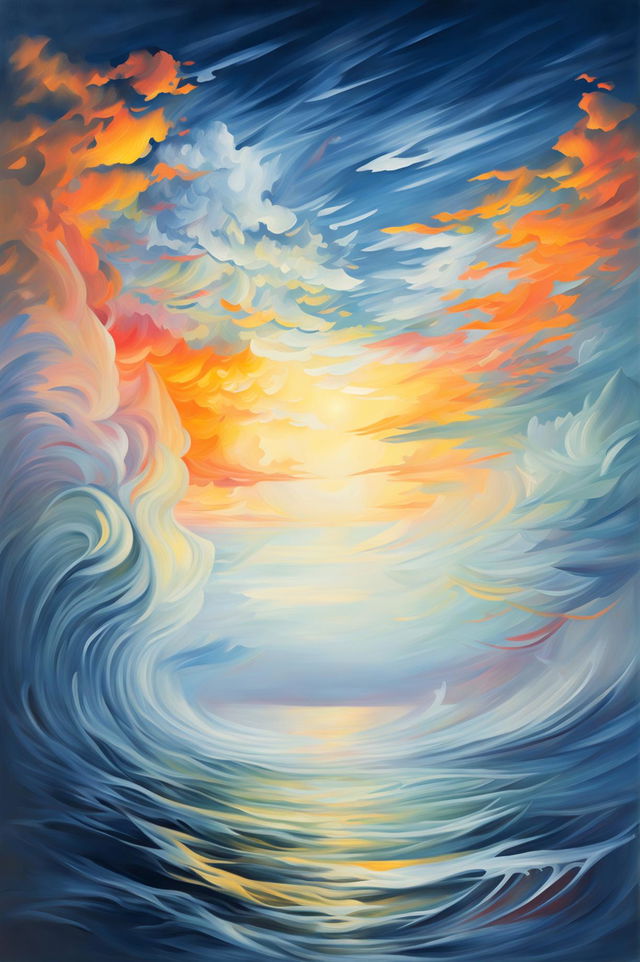 A high-definition, fine art impressionistic painting depicting a waterfall of light cascading from the clouds into the sea, with a sunset illuminating the horizon