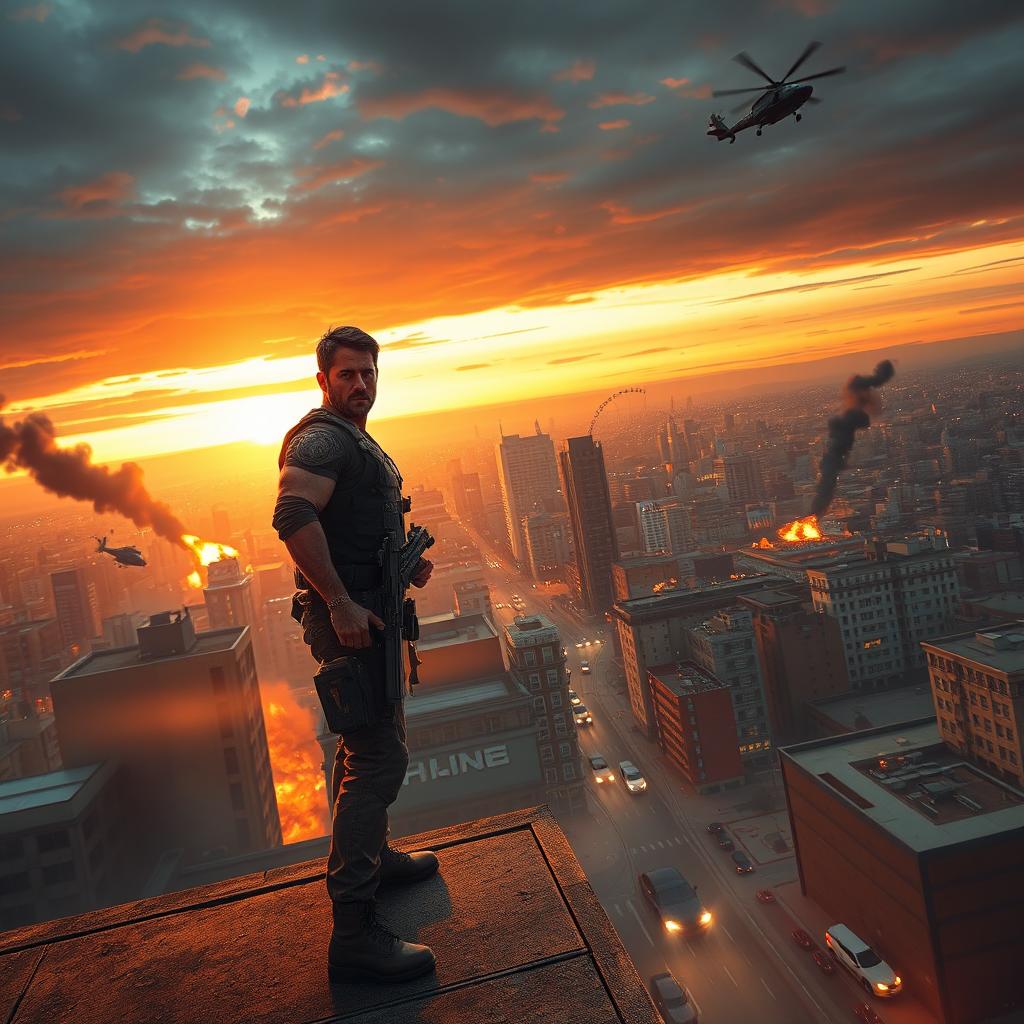 An intense action movie scene featuring a lone hero standing confidently on a rooftop, overlooking a sprawling cityscape at sunset