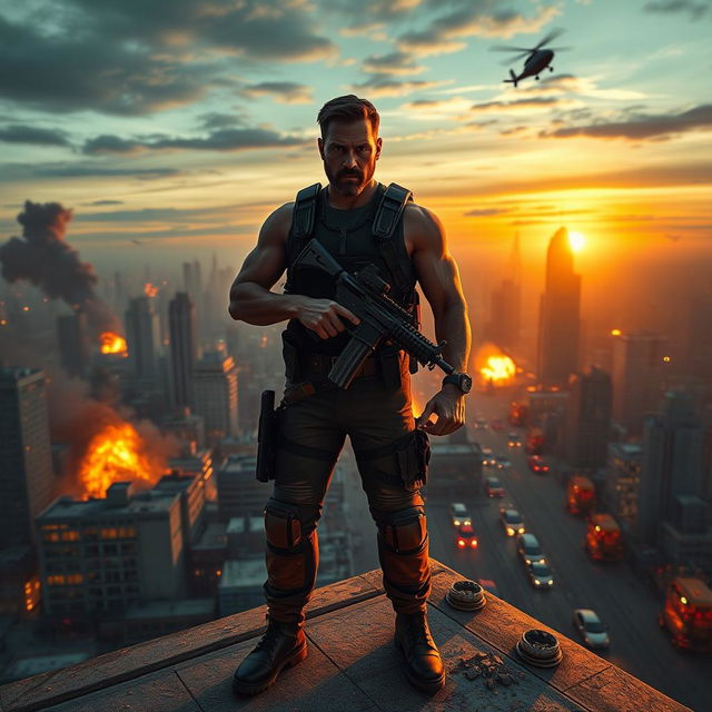 An intense action movie scene featuring a lone hero standing confidently on a rooftop, overlooking a sprawling cityscape at sunset