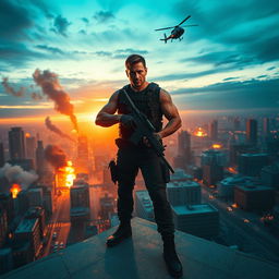 An intense action movie scene featuring a lone hero standing confidently on a rooftop, overlooking a sprawling cityscape at sunset