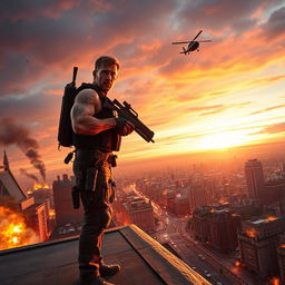 An intense action movie scene featuring a lone hero standing confidently on a rooftop, overlooking a sprawling cityscape at sunset