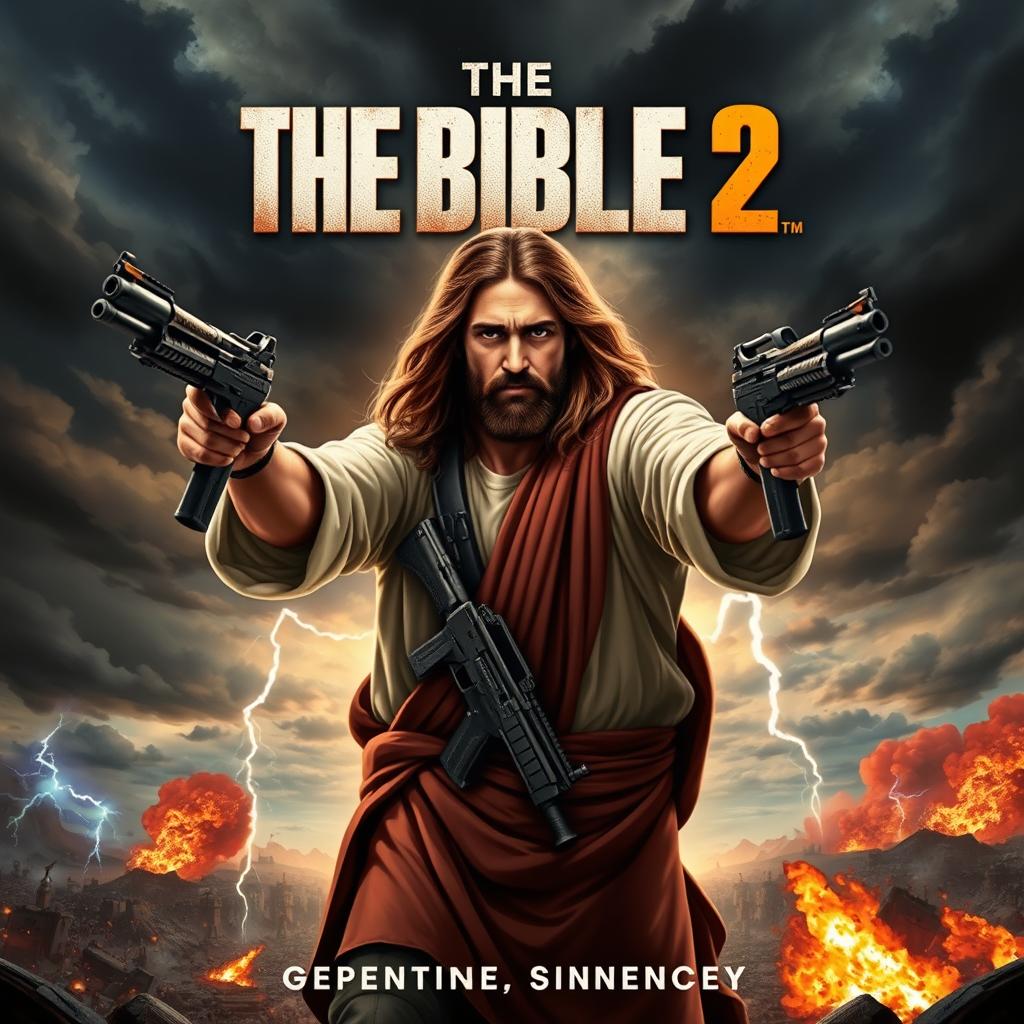 An action movie poster titled 'The Bible 2', featuring a dramatic and stylized illustration of Jesus, depicted as a strong and heroic figure