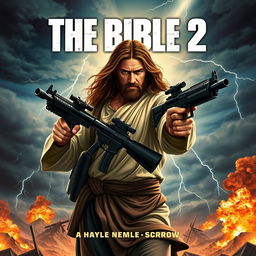 An action movie poster titled 'The Bible 2', featuring a dramatic and stylized illustration of Jesus, depicted as a strong and heroic figure