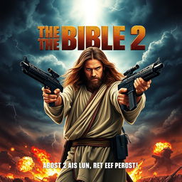 An action movie poster titled 'The Bible 2', featuring a dramatic and stylized illustration of Jesus, depicted as a strong and heroic figure