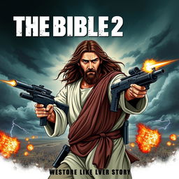 An action movie poster titled 'The Bible 2', featuring a dramatic and stylized illustration of Jesus, depicted as a strong and heroic figure