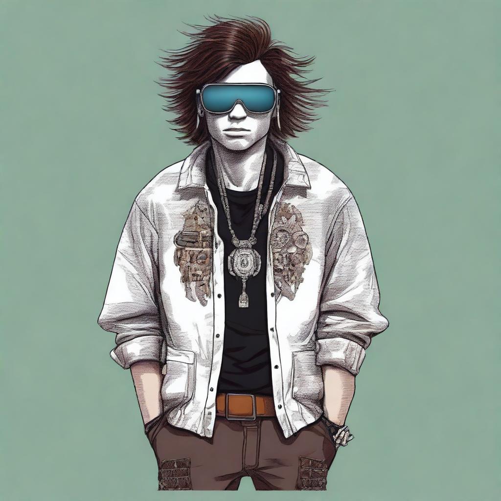 This digital art image portrays a unique white male with a robotic eye, concealed by an eye patch