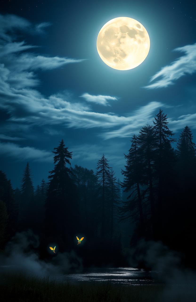 A mystical scene under a full moon, with a serene night sky illuminated by the bright moonlight