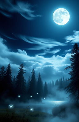 A mystical scene under a full moon, with a serene night sky illuminated by the bright moonlight