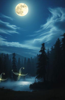 A mystical scene under a full moon, with a serene night sky illuminated by the bright moonlight