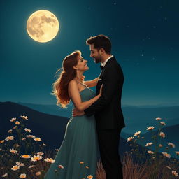 A romantic scene of a couple in love, embracing under the shimmering light of a full moon