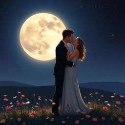 A romantic scene of a couple in love, embracing under the shimmering light of a full moon