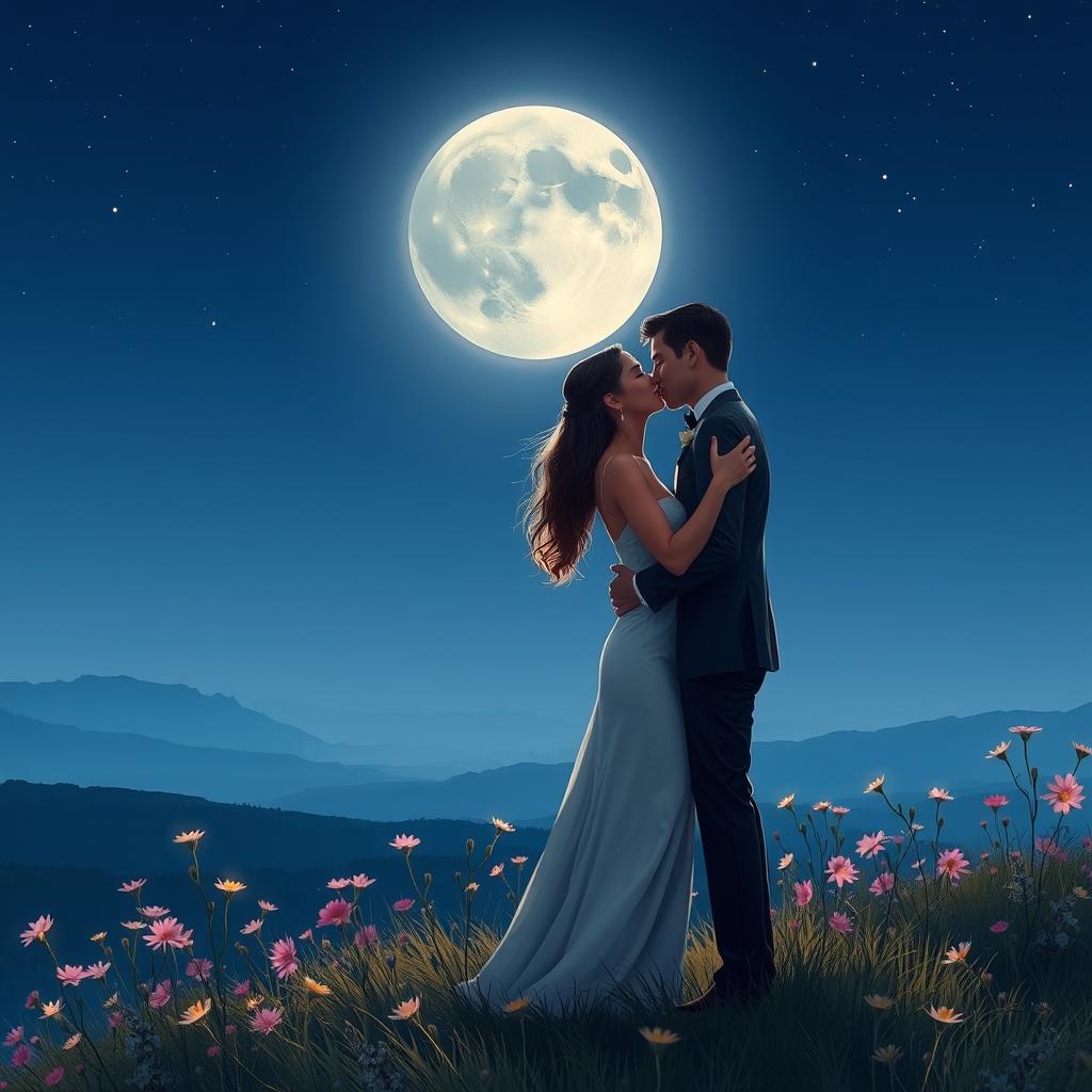 A romantic scene of a couple in love, embracing under the shimmering light of a full moon