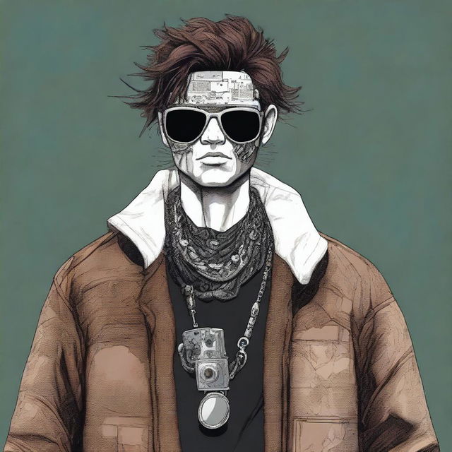 This digital art image portrays a unique white male with a robotic eye, concealed by an eye patch