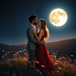 A romantic scene of a couple in love, embracing under the shimmering light of a full moon