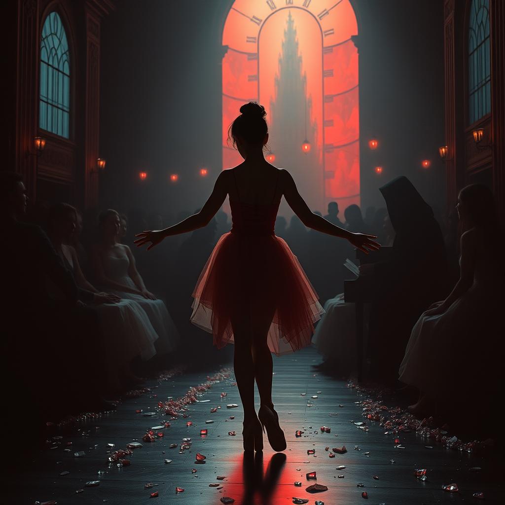 In the crimson light of a fading day, a ballerina named Lilith stands lost amidst the labyrinth of destiny, on display at a cruel auction