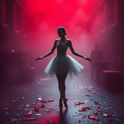In the crimson light of a fading day, a ballerina named Lilith stands lost amidst the labyrinth of destiny, on display at a cruel auction