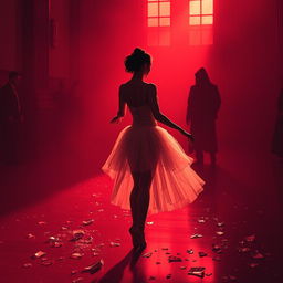 In the crimson light of a fading day, a ballerina named Lilith stands lost amidst the labyrinth of destiny, on display at a cruel auction
