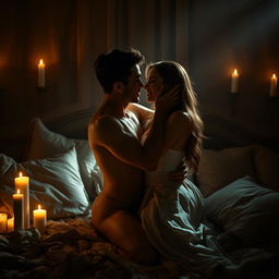 An intimate and sensual scene of two lovers passionately embracing in a dimly lit room, with soft fabrics and luxurious pillows around them