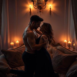 An intimate and sensual scene of two lovers passionately embracing in a dimly lit room, with soft fabrics and luxurious pillows around them