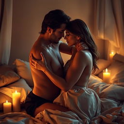 An intimate and sensual scene of two lovers passionately embracing in a dimly lit room, with soft fabrics and luxurious pillows around them