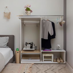 Visualize a well-organized single room where a comfortable mattress, a shoe rack, a television stand, a clothing box, a sewing machine, and a mini drawer are placed strategically and aesthetically.