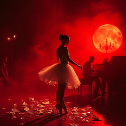 In the crimson light of a setting sun, a lost ballerina named Lilith stands at a cruel auction, her shattered dream scattered like shards of glass on the floor