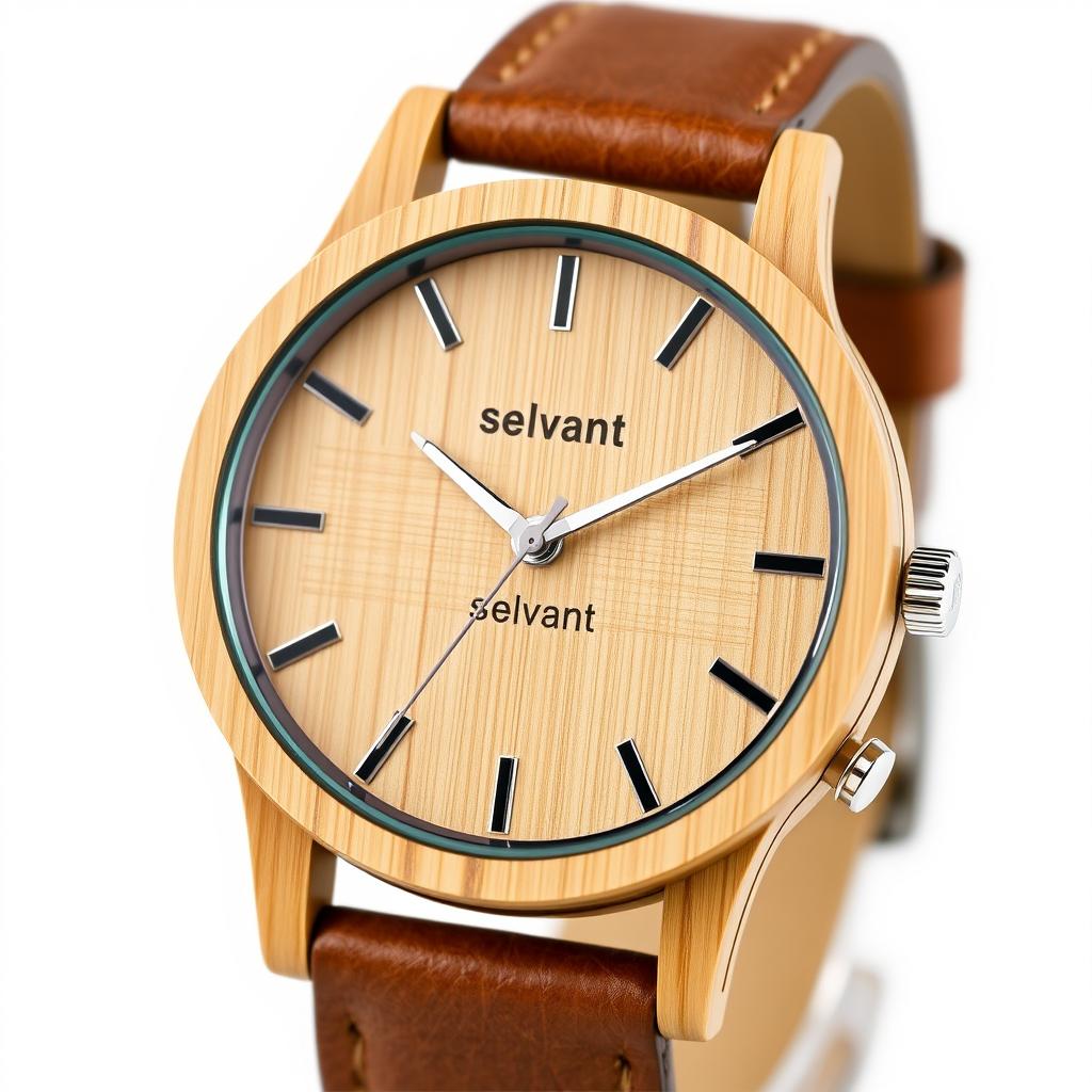 A stylish men’s watch designed with an eco-friendly aesthetic, made from sustainable materials such as bamboo and recycled metals