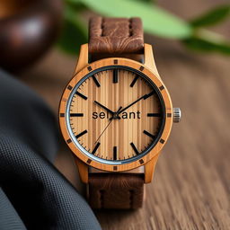 A stylish men’s watch designed with an eco-friendly aesthetic, made from sustainable materials such as bamboo and recycled metals