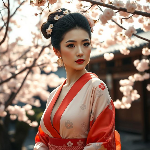 A beautiful Japanese woman with large breasts, wearing a stylish and elegant traditional kimono, standing gracefully in a serene Japanese garden surrounded by cherry blossom trees