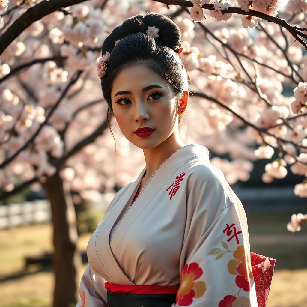 A beautiful Japanese woman with large breasts, wearing a stylish and elegant traditional kimono, standing gracefully in a serene Japanese garden surrounded by cherry blossom trees