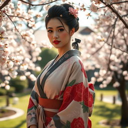 A beautiful Japanese woman with large breasts, wearing a stylish and elegant traditional kimono, standing gracefully in a serene Japanese garden surrounded by cherry blossom trees