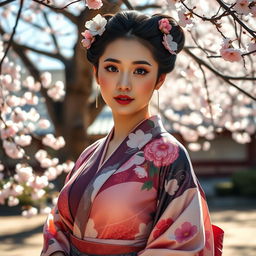 A beautiful Japanese woman with large breasts, wearing a stylish and elegant traditional kimono, standing gracefully in a serene Japanese garden surrounded by cherry blossom trees