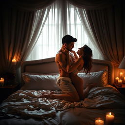 An enticing and sensual scene set in a dimly lit luxurious bedroom, featuring a beautifully decorated king-size bed with satin sheets and plush pillows