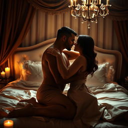 An enticing and sensual scene set in a dimly lit luxurious bedroom, featuring a beautifully decorated king-size bed with satin sheets and plush pillows